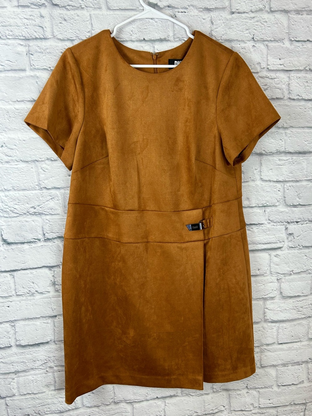 DKNY NWT Size 14W Cognac Faux Suede Asymmetrical Sheath Dress